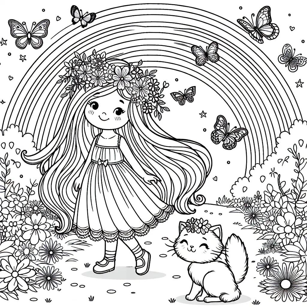 Une petite princesse aux cheveux longs se promène dans un magnifique jardin féerique, entourée de papillons multicolores. Elle est accompagnée de son fidèle chat qui porte une couronne de fleurs sur sa tête. Ils sont tous les deux près d'un grand arc-en-ciel.