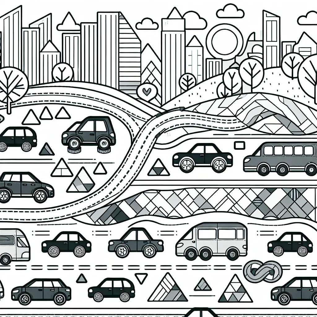 Des voitures de différentes formes et de différentes tailles sont alignées sur une route sinueuse, avec en arrière-plan une ville animée. Des formes géométriques sont intégrées aux voitures et au paysage pour favoriser l'apprentissage des formes par les enfants.