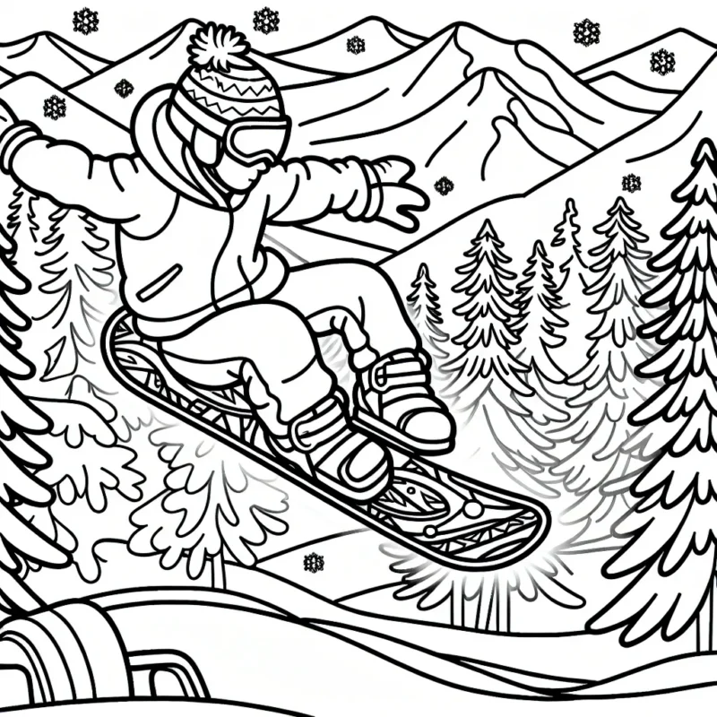 Dessine et colore un snowboardeur faisant une acrobatie spectaculaire en montagne.