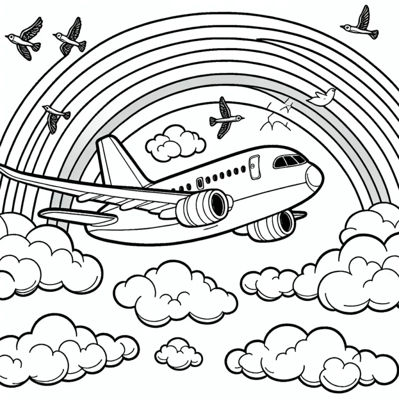 Un avion volant haut dans le ciel dégagé, traversant les nuages. Des oiseaux volent à proximité. Au loin, un arc-en-ciel ajoute une explosion de couleurs. Le plan de l'avion doit être assez détaillé pour permettre le coloriage des différents éléments tel que les ailettes, les réacteurs, la carlingue etc.