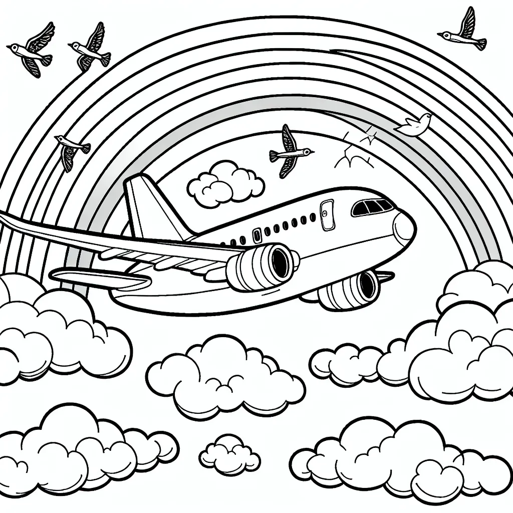 Un avion volant haut dans le ciel dégagé, traversant les nuages. Des oiseaux volent à proximité. Au loin, un arc-en-ciel ajoute une explosion de couleurs. Le plan de l'avion doit être assez détaillé pour permettre le coloriage des différents éléments tel que les ailettes, les réacteurs, la carlingue etc.