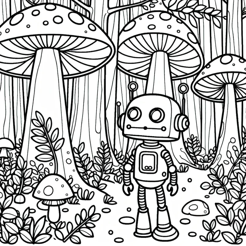 Un petit robot curieux explorant une forêt de champignons géants