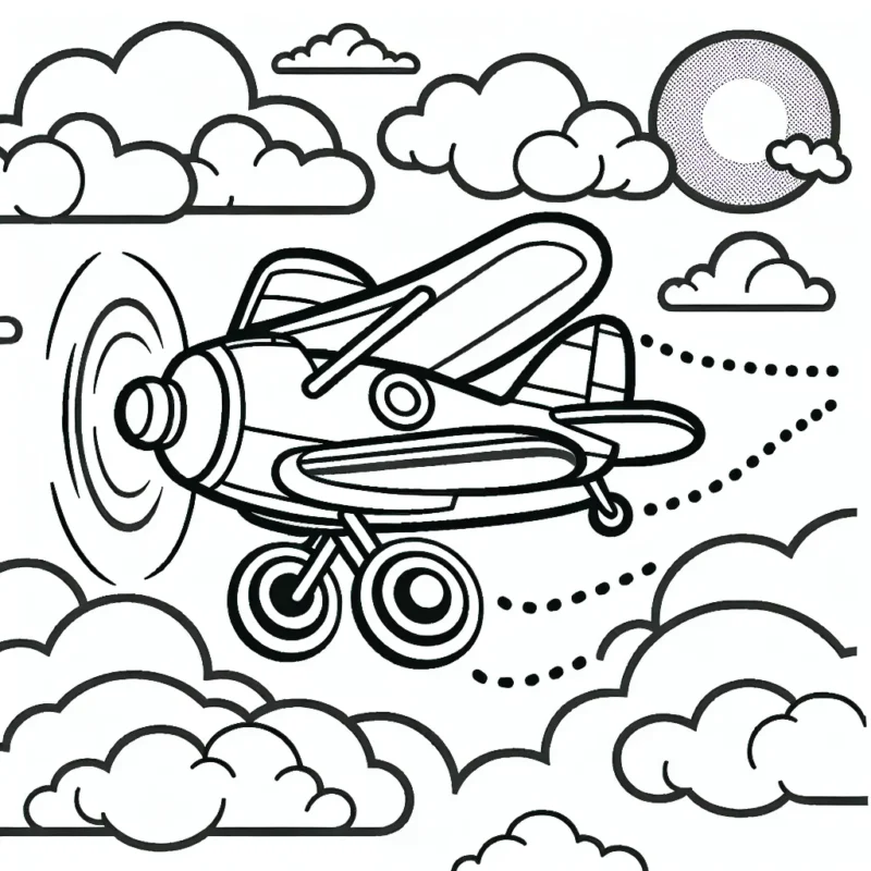 Un avion voyageant à travers les nuages dessiné dans un style cartoon.