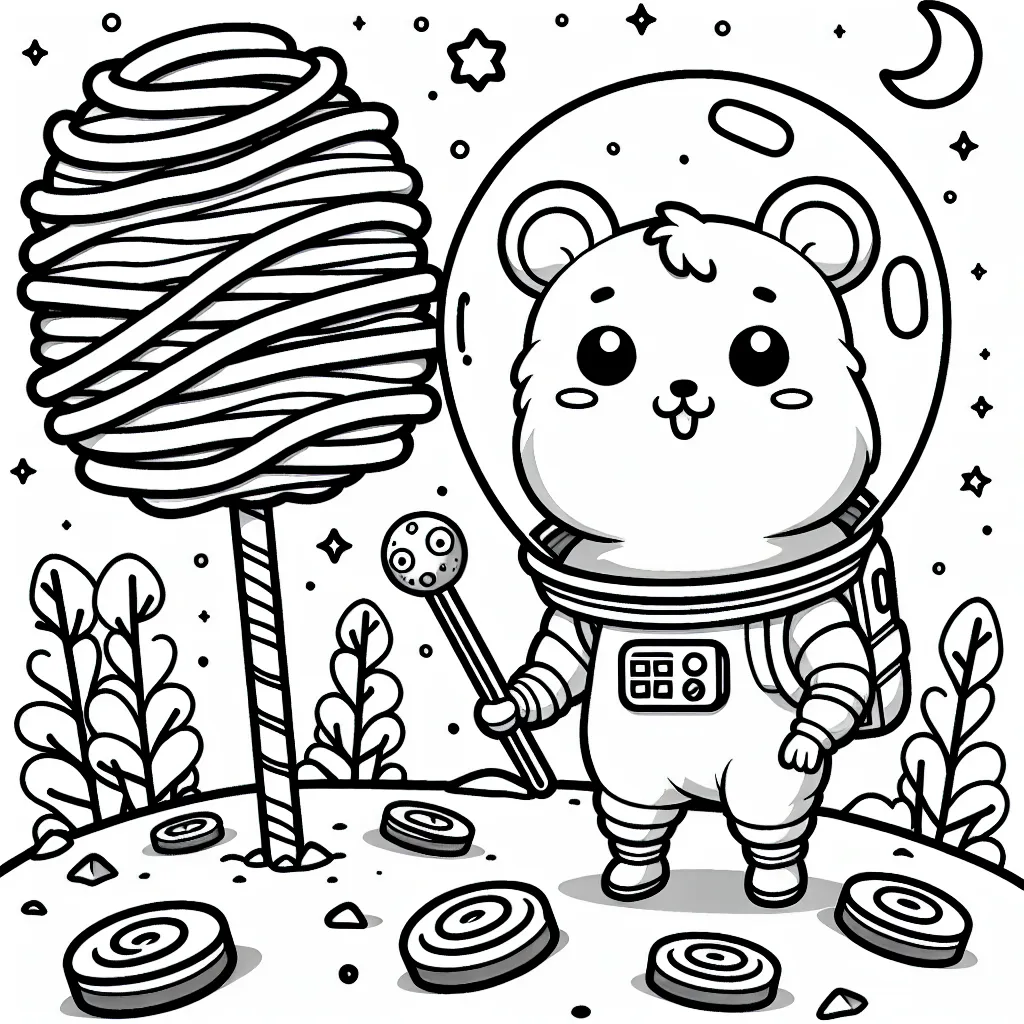 Un hamster astronaute explorant une planète cheeseburger avec des arbres en bâton de réglisse