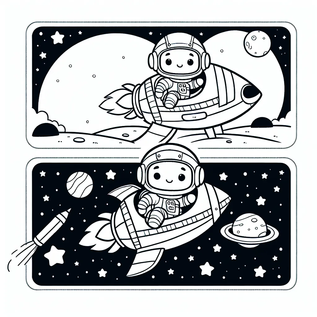 Dessine un petit astronaute courageux, vêtu de sa combinaison spatiale, partant à l'exploration de l'espace à bord de son vaisseau intergalactique.