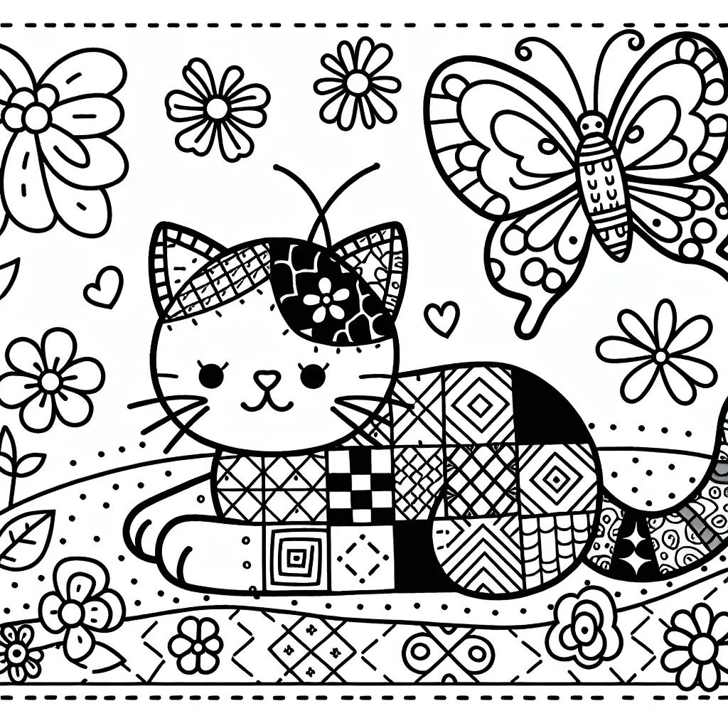 Dessine un chaton mignon patchwork avec un papillon coloré au-dessus de sa tête sur un tapis de fleurs