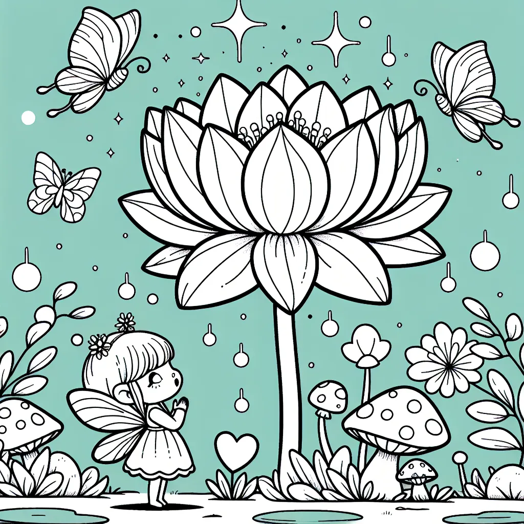 Une petite fée s'émerveille devant une magnifique fleur de lotus géante. Autour d'elle, on trouve un décor féérique avec des champignons, des papillons et des bulles lumineuses.