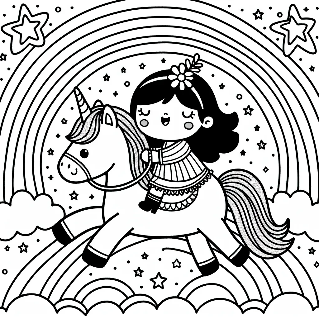 Une petite fille voyageant à dos de licorne dans un ciel étoilé, entouré d'arcs-en-ciel