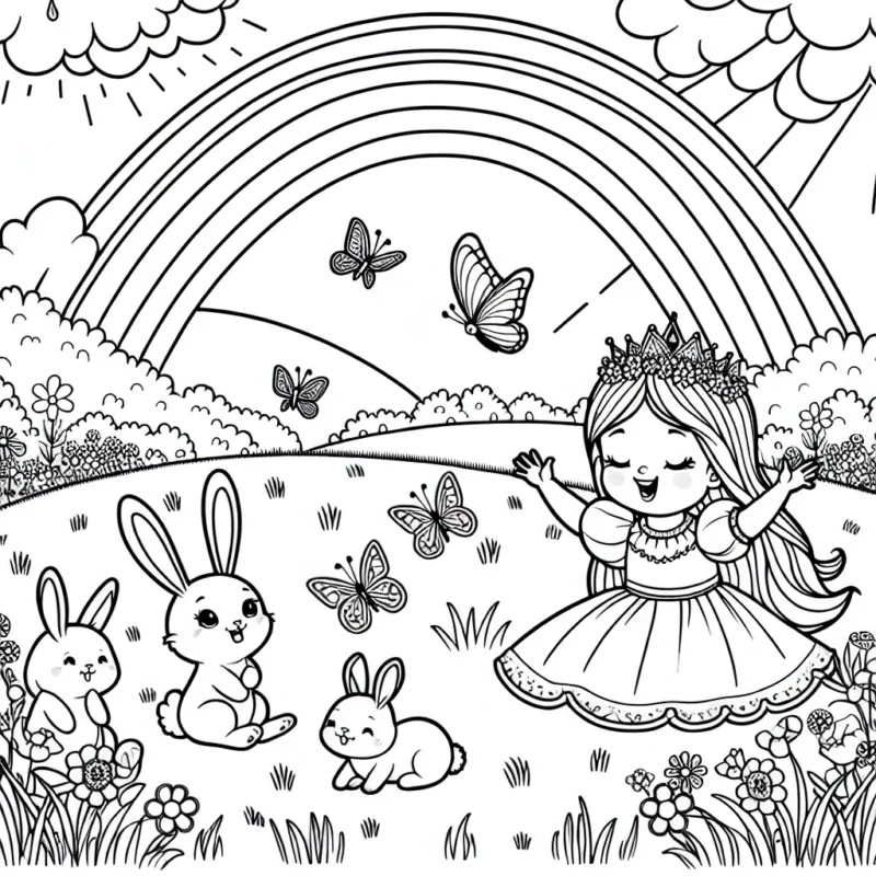 Dans une belle prairie, une jeune princesse joue avec de joyeux lapins et de mignons papillons avec un grand arc-en-ciel en arrière-plan.