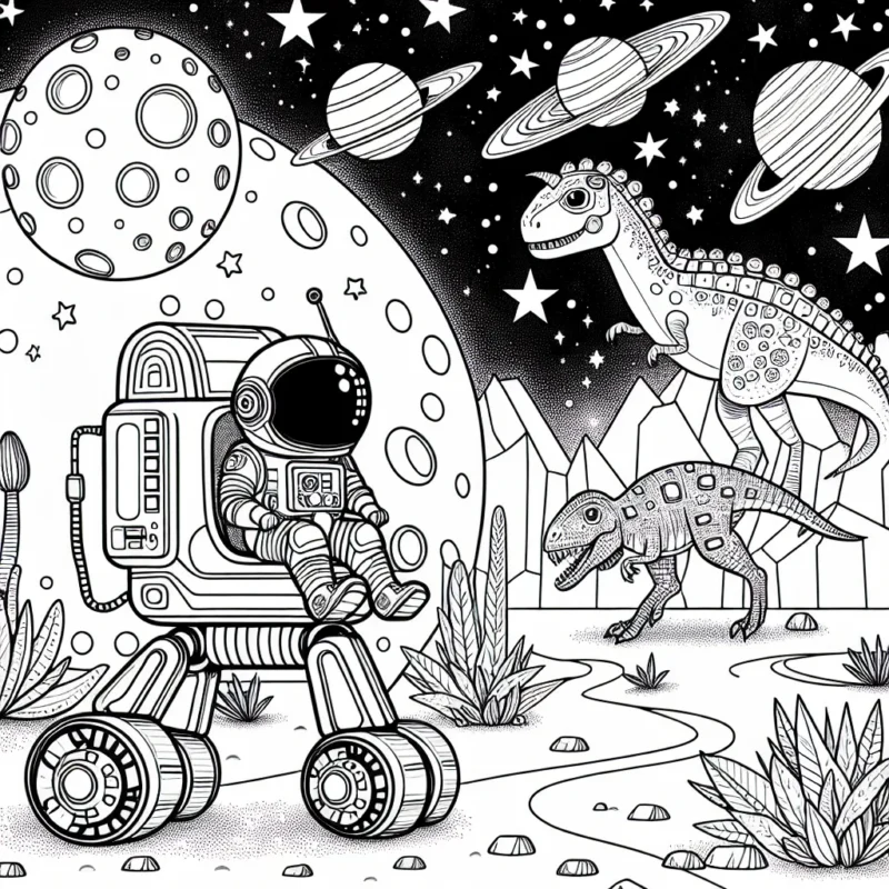 Sur une planète extraordinaire, peuplée de dinosaures, un jeune astronaute explore à bord de son robot géant. Pensez à ajouter des couleurs au ciel étoilé, au robot métallique et aux dinosaures colorés!