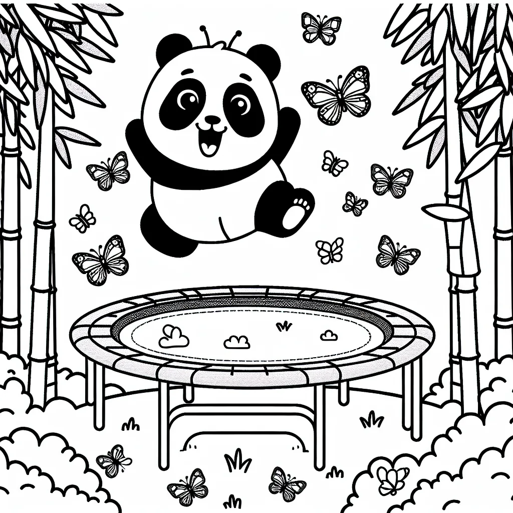 Un panda géant faisant du trampoline dans une forêt de bambous avec des papillons multicolores autour