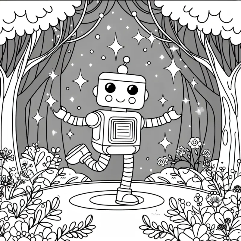 Dessine un robot qui danse dans une forêt magique avec des fleurs brillantes