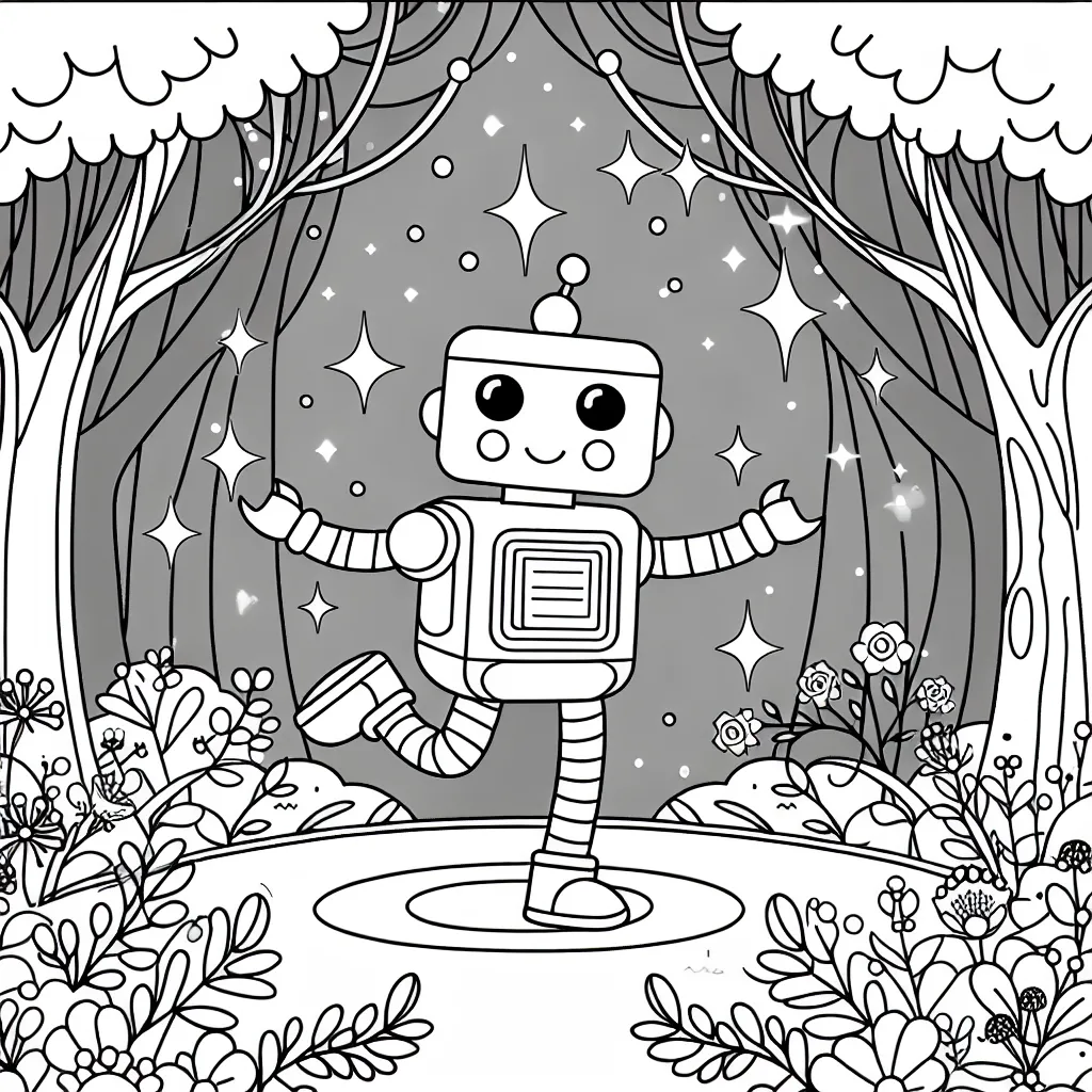 Dessine un robot qui danse dans une forêt magique avec des fleurs brillantes