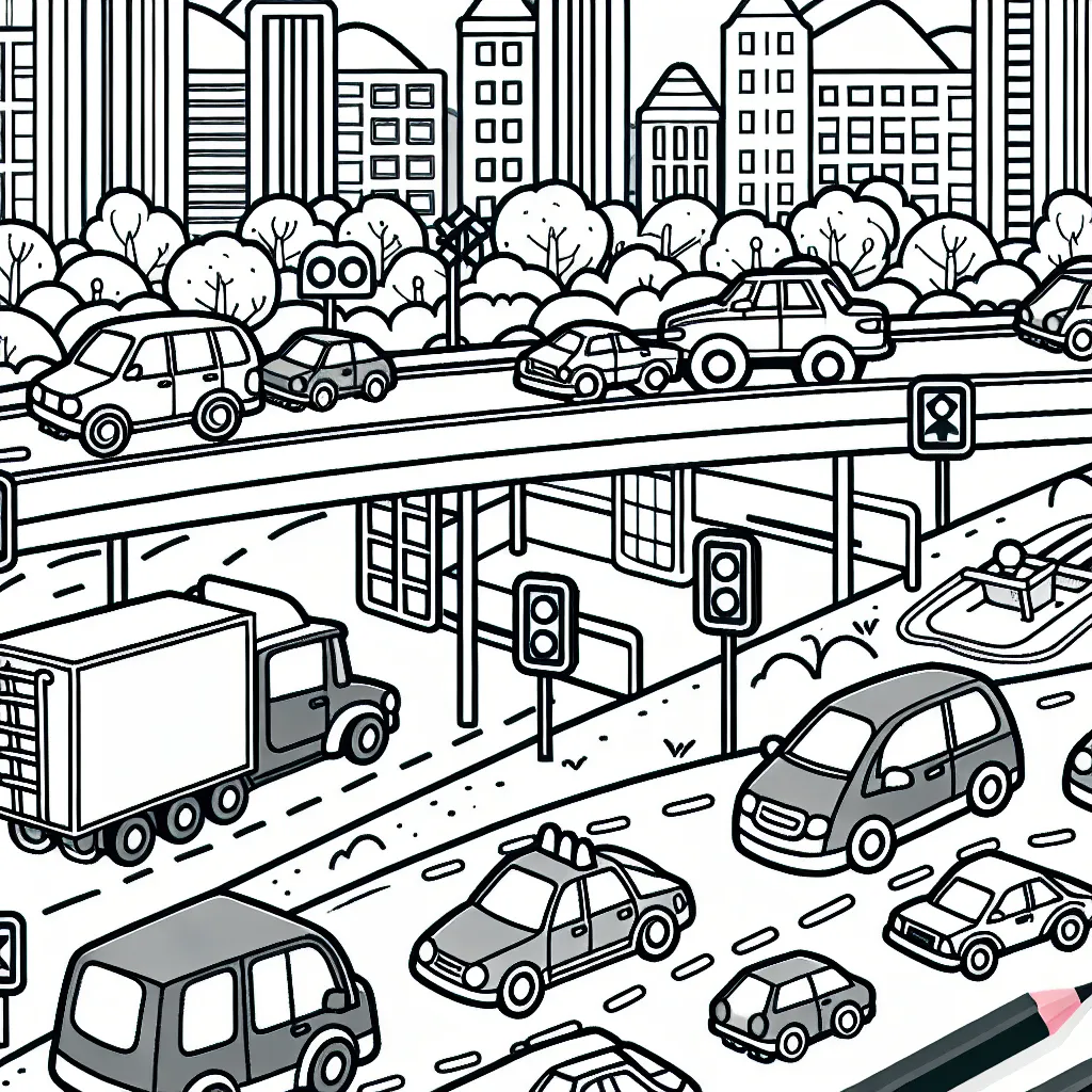 Un paysage urbain animé avec des voitures de différentes formes et tailles, certaines se déplaçant sur une autoroute, tandis que d'autres sont stationnées dans un parking. Il y a aussi des panneaux de signalisation, des feux de signalisation et des immeubles en arrière-plan.