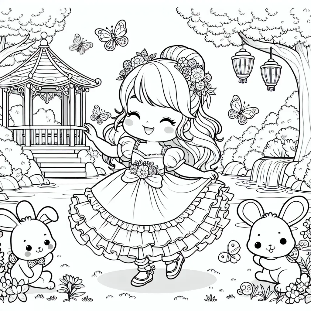 Une petite princesse danse joyeusement dans un jardin de printemps, entourée d'adorables créatures de la forêt. Elle porte une belle robe aux longues manches bouffantes et à la jupe pleine de volants. Des papillons colorés volent autour d'elle tandis qu'un trio de lapins l'observe avec curiosité. À l'arrière-plan, une cascade tombe doucement dans un petit lac où nagent des carpes koïs. De l'autre côté, fermez votre cadre sur un beau pavillon de jardin orné de lanternes.