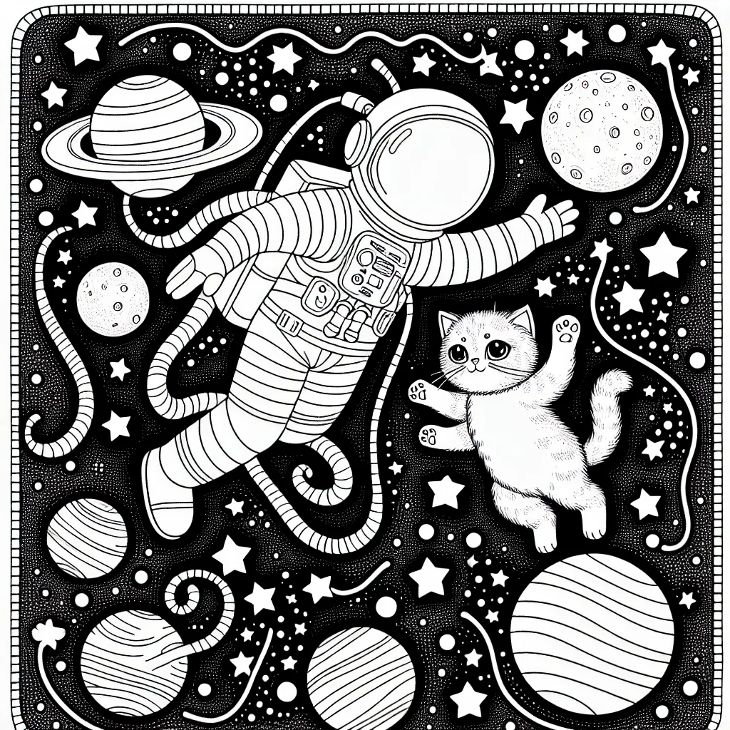 Un astronaute flotte en apesanteur dans l'espace, jouant avec un chat mignon portant un scaphandre. Des planètes colorées et des constellations brillantes les entourent. Dessine cette scène merveilleuse !