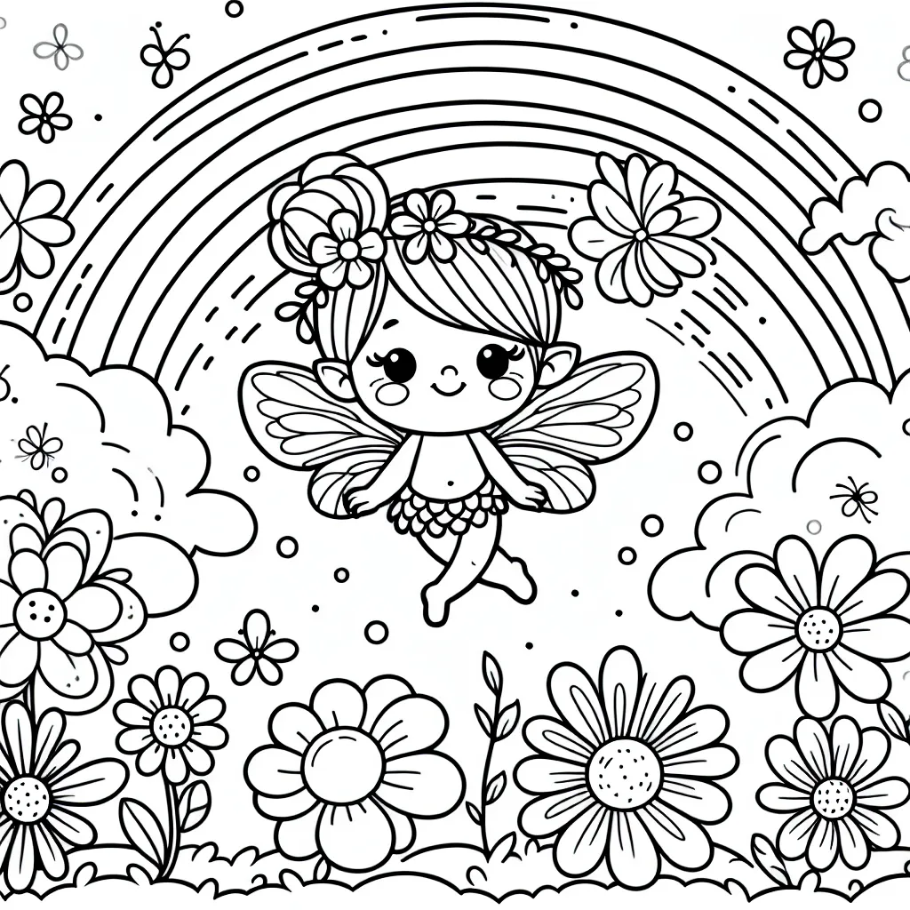 Dessine une petite fée adorable avec des ailes en pétales, qui vole dans un jardin rempli de fleurs brillantes et colorées sous un arc-en-ciel magnifique.