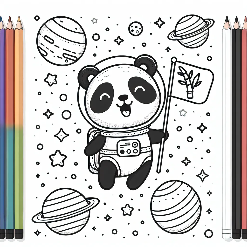 Un panda astronaute flotte avec gaité dans l'espace, entouré de planètes colorées et d'étoiles scintillantes. Il tient un drapeau où est dessiné un bambou, sa nourriture préférée.