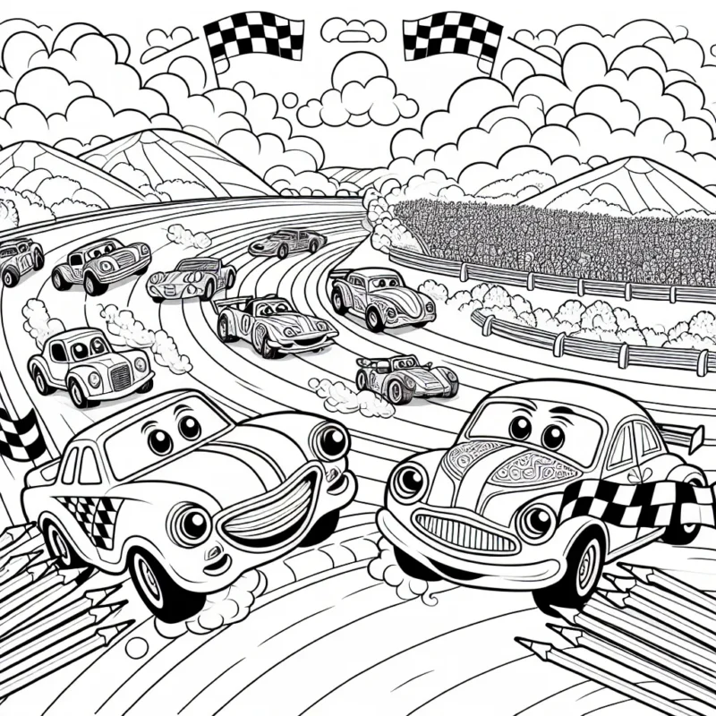 Prépare tes crayons de couleur pour animer une course de voitures amusante ! Cette illustration met en scène des voitures aux visages amicaux qui se défient sur une piste de course. Un paysage de collines, de virages serrés et de foule en plein délire complète cette atmosphère électrisante. Tu peux colorier les voitures, la piste, le sol et le ciel comme tu le souhaite !