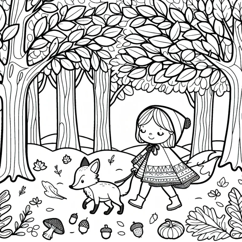 Un doux paysage d'automne. Une petite fille vêtue d'une cape automnale se promène joyeusement avec son animal de compagnie, un renard curieux, dans une forêt d'arbres aux feuilles tombantes de différentes couleurs. Des glands, des pommes de pin et des champignons peuplent le sol forestier.