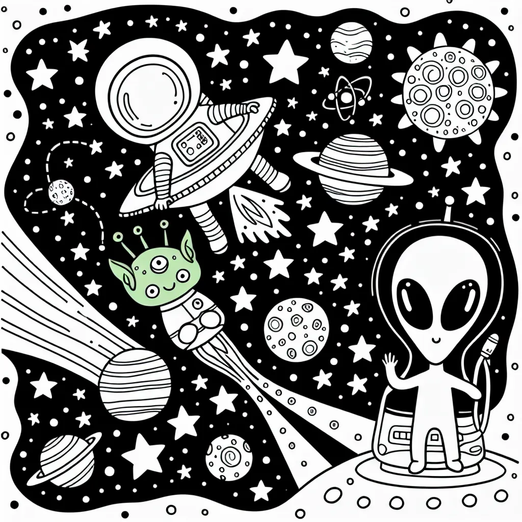 Imagine un paysage étoilé plein de planètes et d'aliens amusants. Dessine un astronaute flottant dans l'espace avec une fusée spatial. Aussi n'oublie pas d'inclure un alien vert avec trois yeux dans ton dessin !