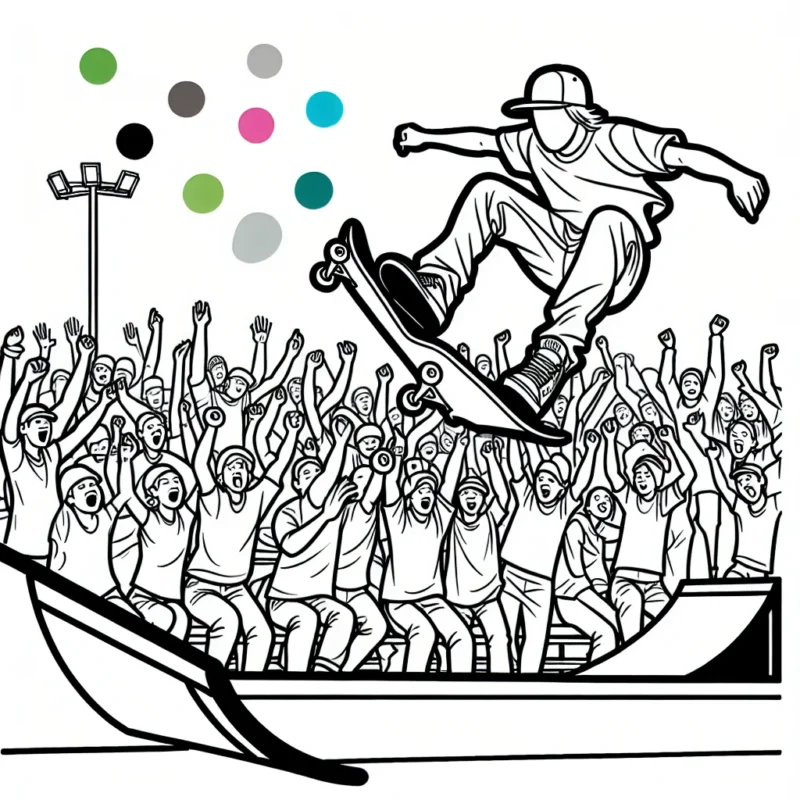 Illustration d'un skateboarder au-dessus d'une rampe avec une foule qui l'applaudit