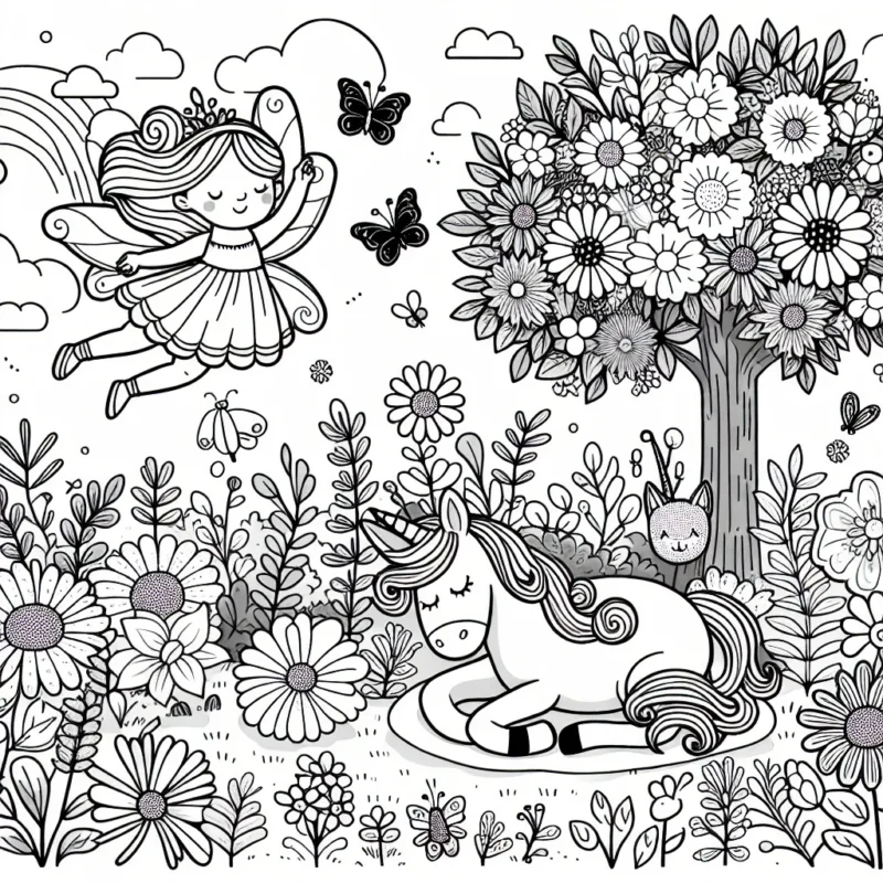 Un jardin enchanté avec une fée qui vole au-dessus des fleurs, une licorne endormie sous un arbre et un papillon posé sur une marguerite.