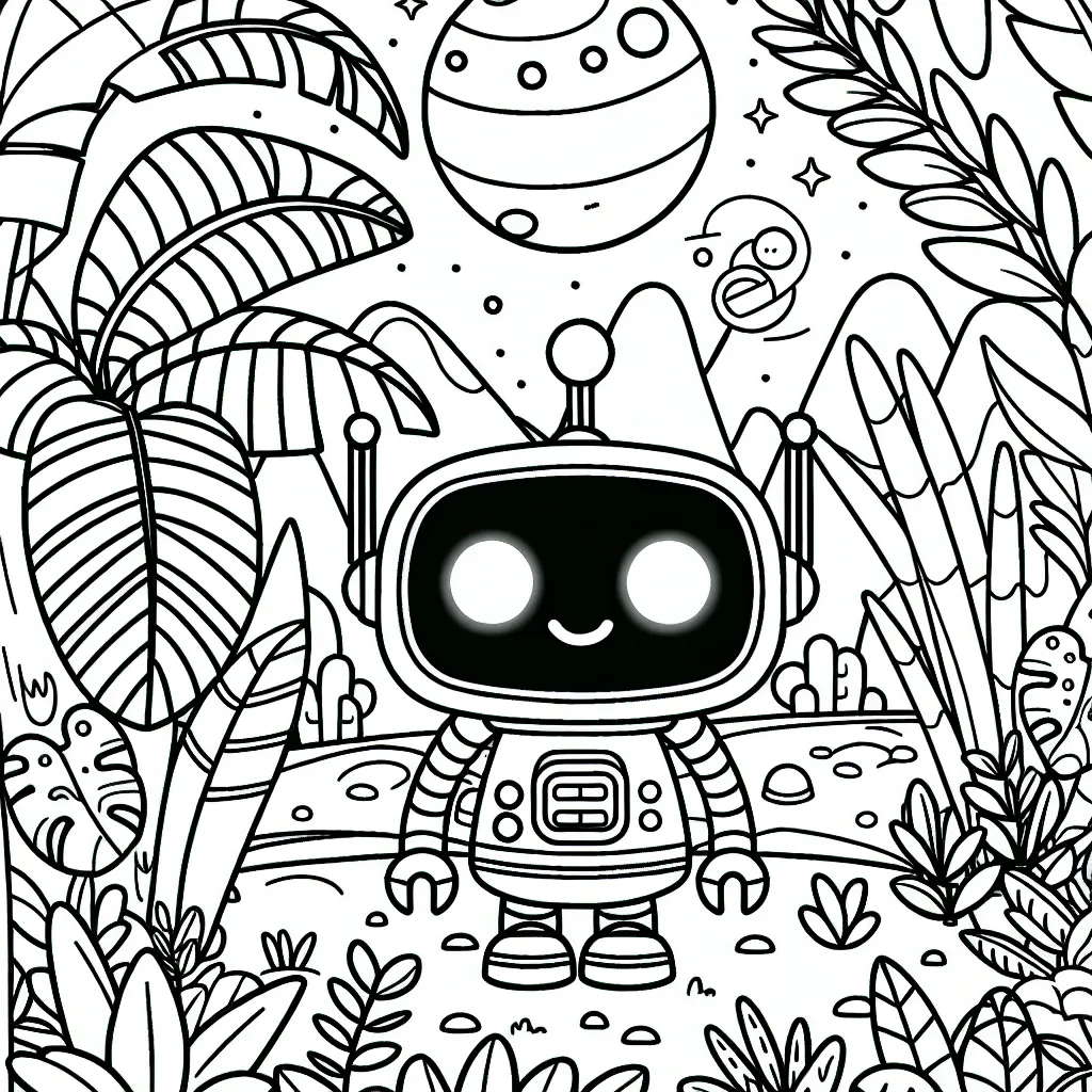 Dessine un robot amical aux yeux brillants dans une jungle spatiale pleine de plantes exotiques, avec au loin une planète colorée.