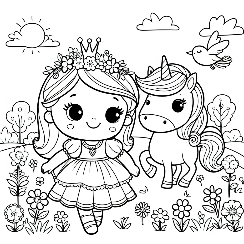 Dessine une petite princesse souriante se promenant dans un jardin fleuri avec son fidèle cheval licorne, sous un ciel lumineux avec des oiseaux qui volent autour d'elle.