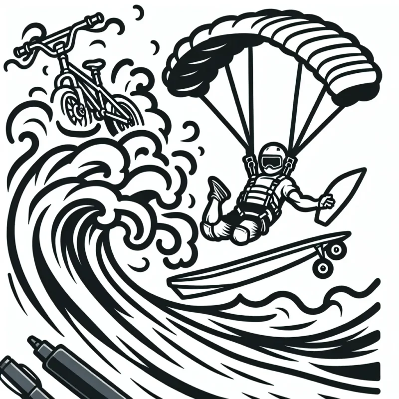 Imagine un sportif en pleine action dans un sport extrême de ton choix (parachutisme, BMX, surf sur de grosses vagues etc.)