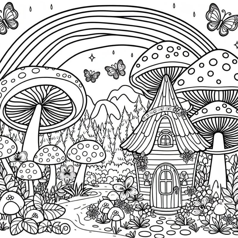 Une maison de fées dans une vallée de champignons gigantesques, avec un arc-en-ciel et des papillons colorés.