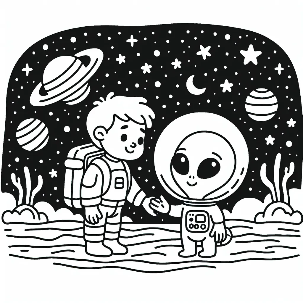 Un astronaut dans l'espace avec un alien amical