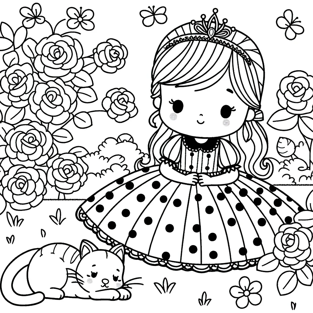 Une petite fille en robe de princesse à pois joue avec son chat paresseux dans un jardin de roses