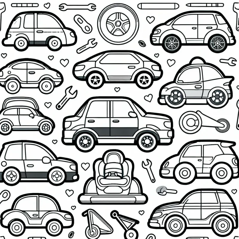 Colorie les voitures de différentes marques telles que Toyota, BMW, Mercedes, Ford et Ferrari du livre !