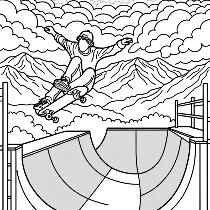 Dessine un skateboarder professionnel effectuant des cascades dans un half-pipe coloré avec un paysage de montagnes enneigées en arrière-plan.