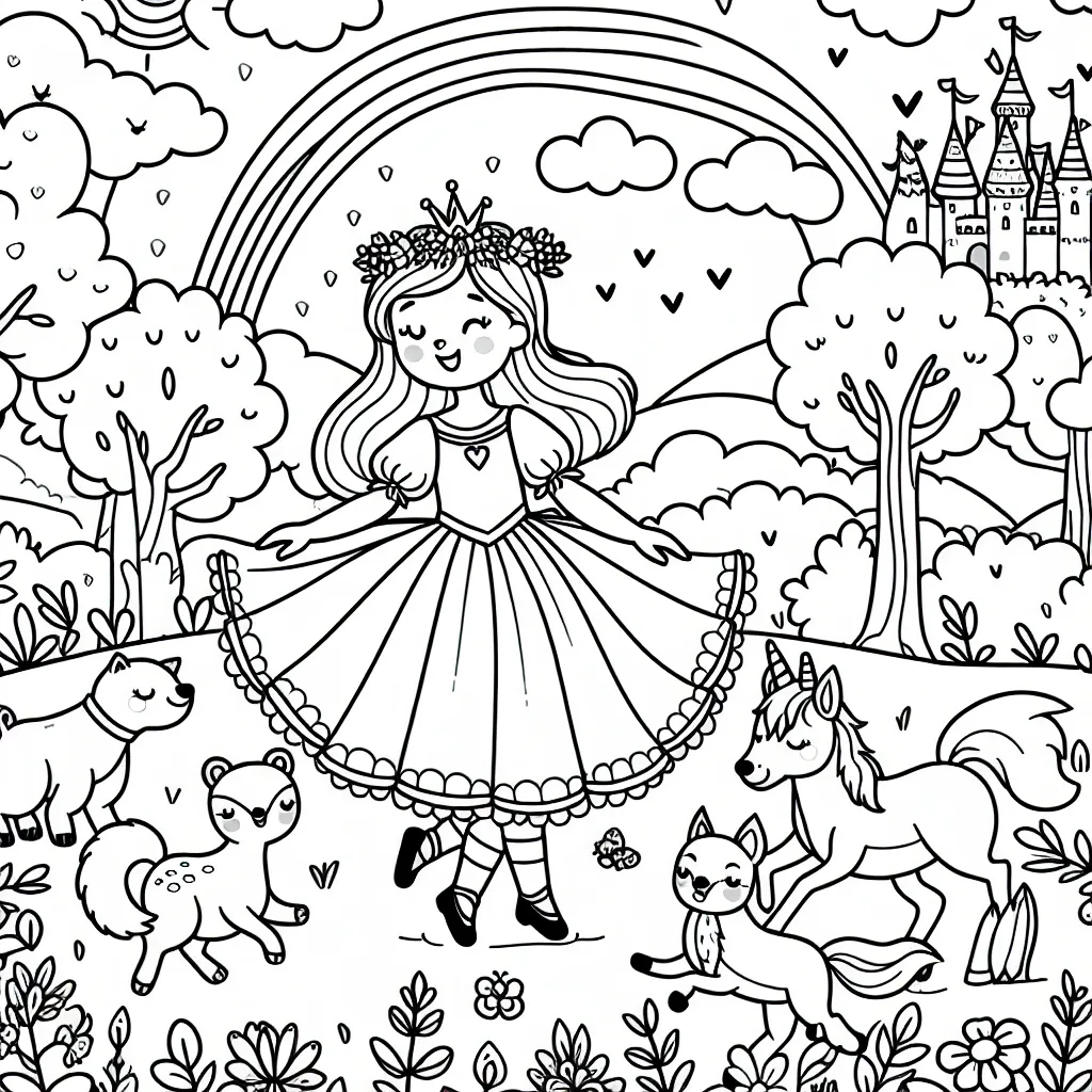 Une princesse danse dans une forêt enchantée, entourée de ses amis les animaux, avec un arc-en-ciel à l'horizon et un château magnifique au loin.