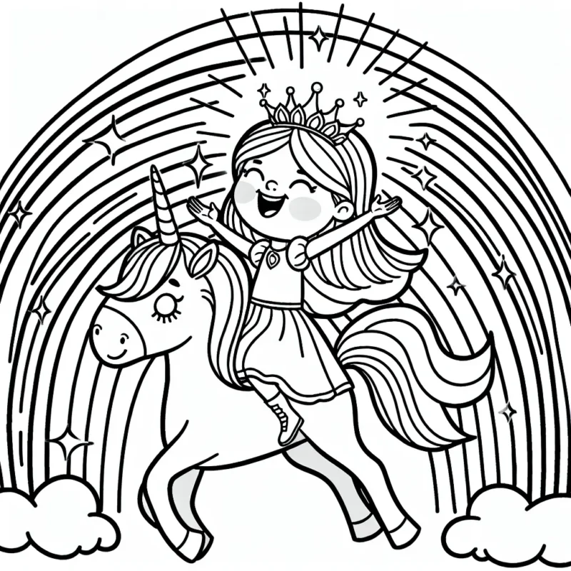 Une princesse joyeuse rayonnante d'énergie sur sa licorne magique sous un arc-en-ciel vibrant