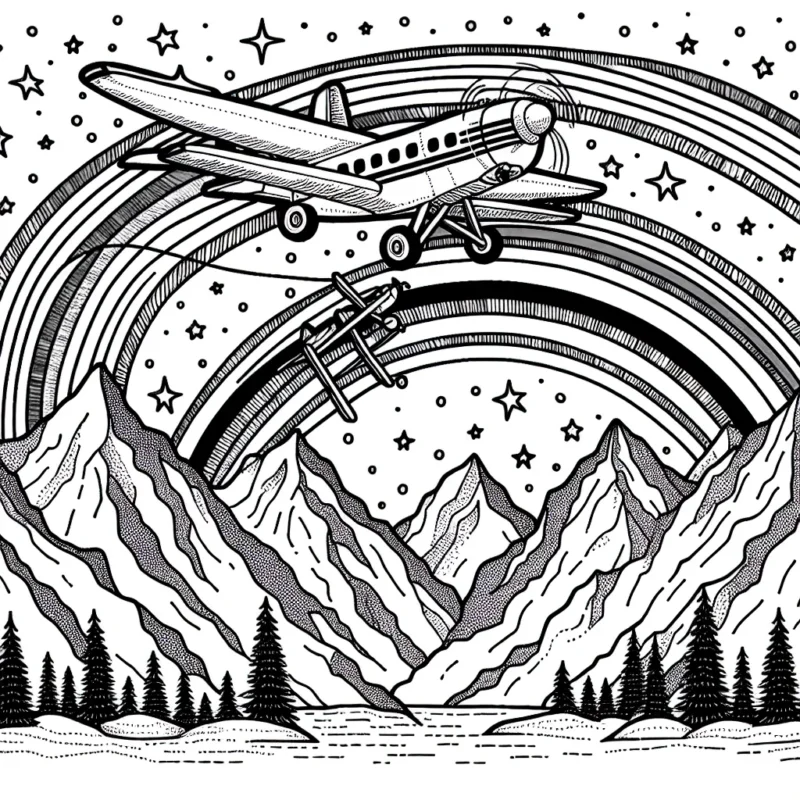 Un avion fait un vol acrobatique spectaculaire au-dessus de montagnes couvertes de neige, avec un arc-en-ciel en arrière-plan.