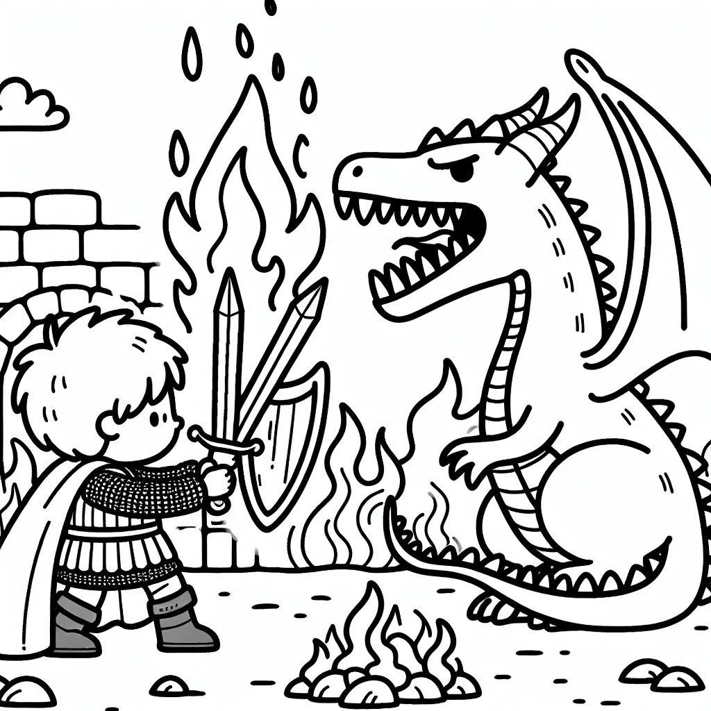 Un dessin mettant en scène un jeune chevalier protégeant son royaume contre un dragon cracheur de feu