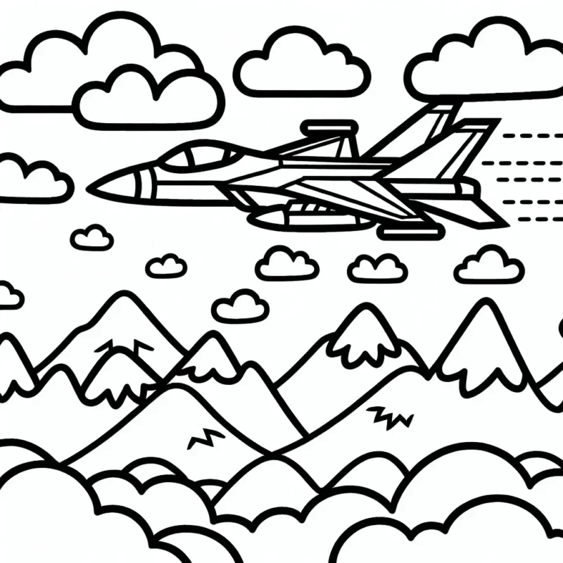 Dessine un avion de chasse volant au-dessus des montagnes avec des nuages dispersés dans le ciel.