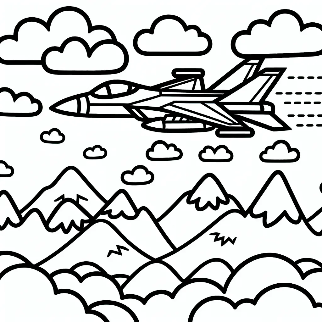 Dessine un avion de chasse volant au-dessus des montagnes avec des nuages dispersés dans le ciel.