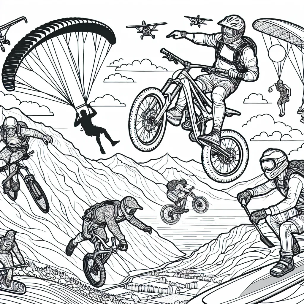 Voici une scène de sports extrêmes qui comprend plusieurs sports comme le surf, le parcours en vélo de montagne, le saut en parachute et l'escalade de montagne. Tu auras l'occasion de mettre ces aventuriers au milieu de l'action tout en explorant une variété de couleurs vives pour représenter l'excitation et le frisson de ces sports. N'oublie pas de colorier les vêtements des sportifs, les équipements et les environnements naturels autour d'eux en utilisant ton imagination!