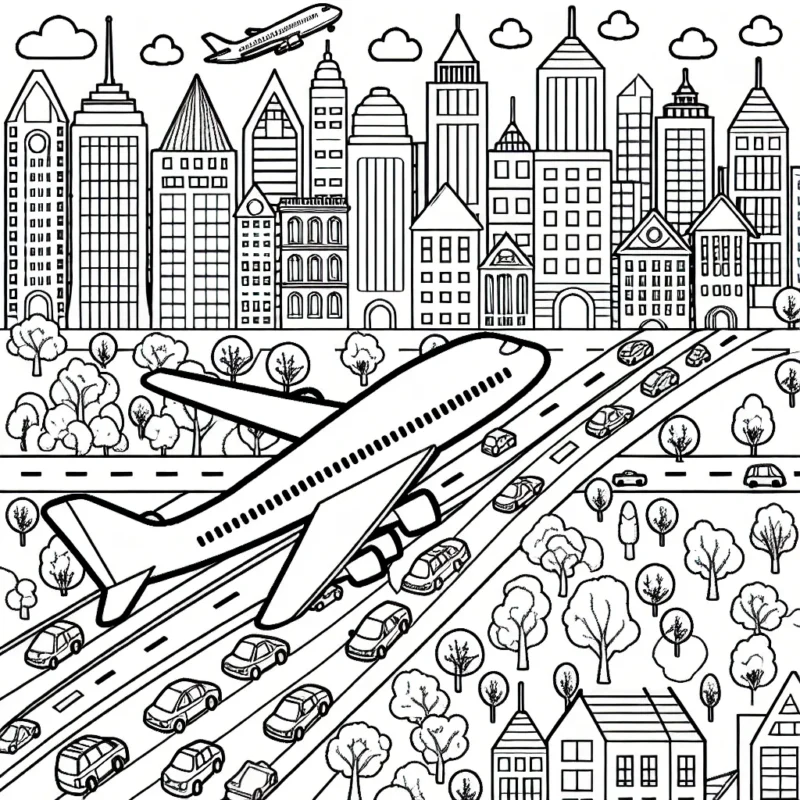 Dessine un avion de ligne survolant une ville animée de jour, avec de nombreux détails à colorer : les immeubles, les voitures, les arbres du parc et le ciel azur.