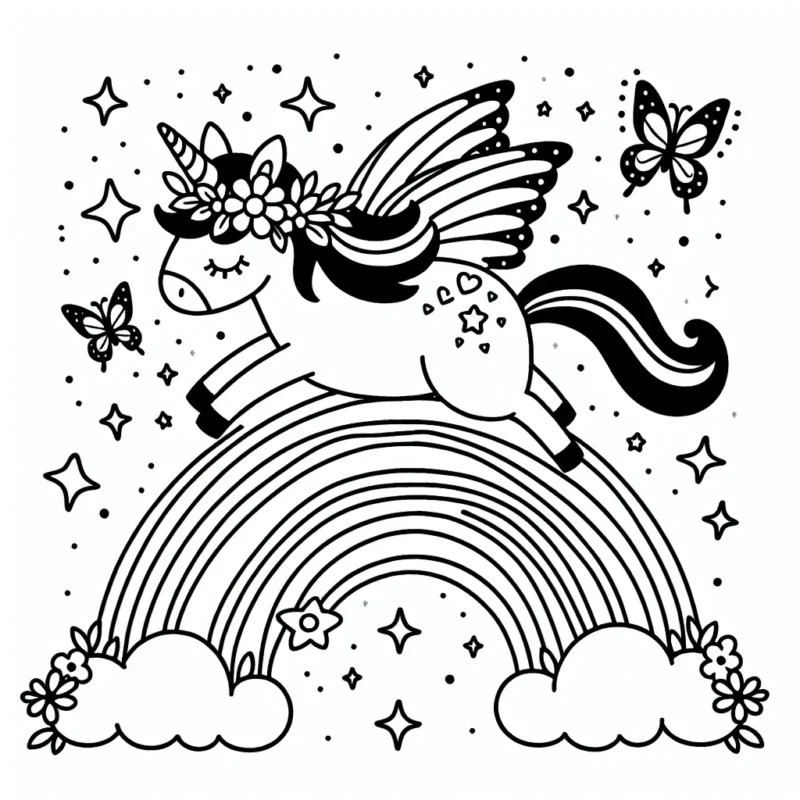 Une belle licorne volante traversant un arc-en-ciel dans le ciel étoilé. La licorne porte une couronne de fleurs et autour d'elle volent des papillons magiques.