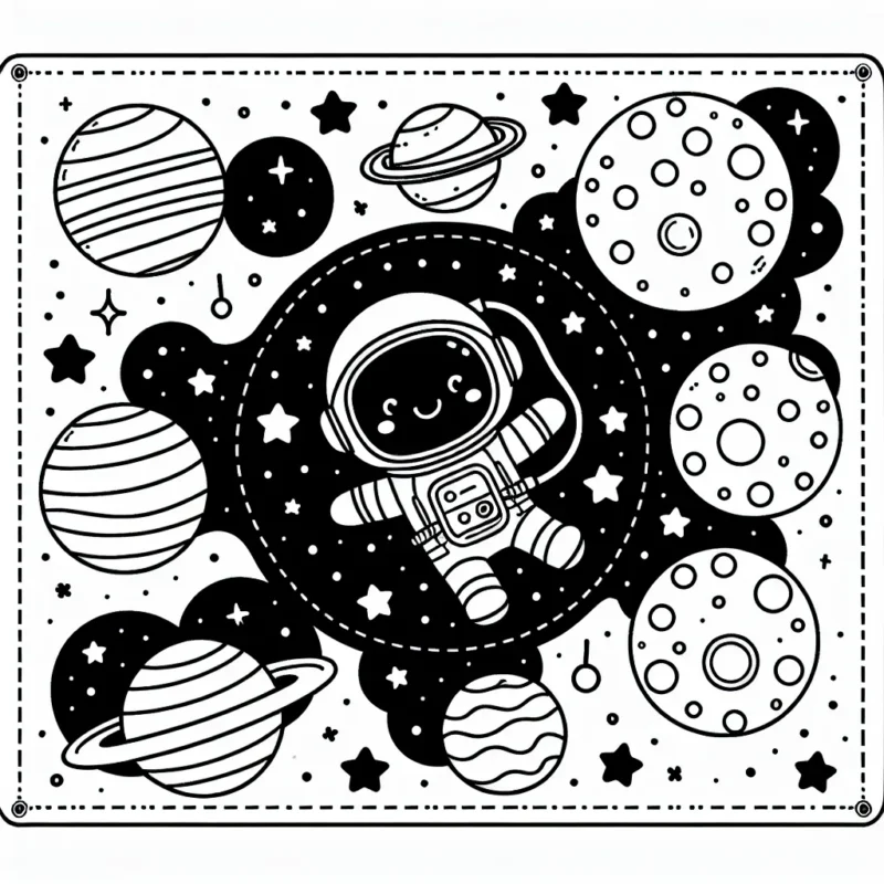 Dessin d'un petit astronaute flottant dans l'espace, entouré de planètes et d'étoiles brillantes.