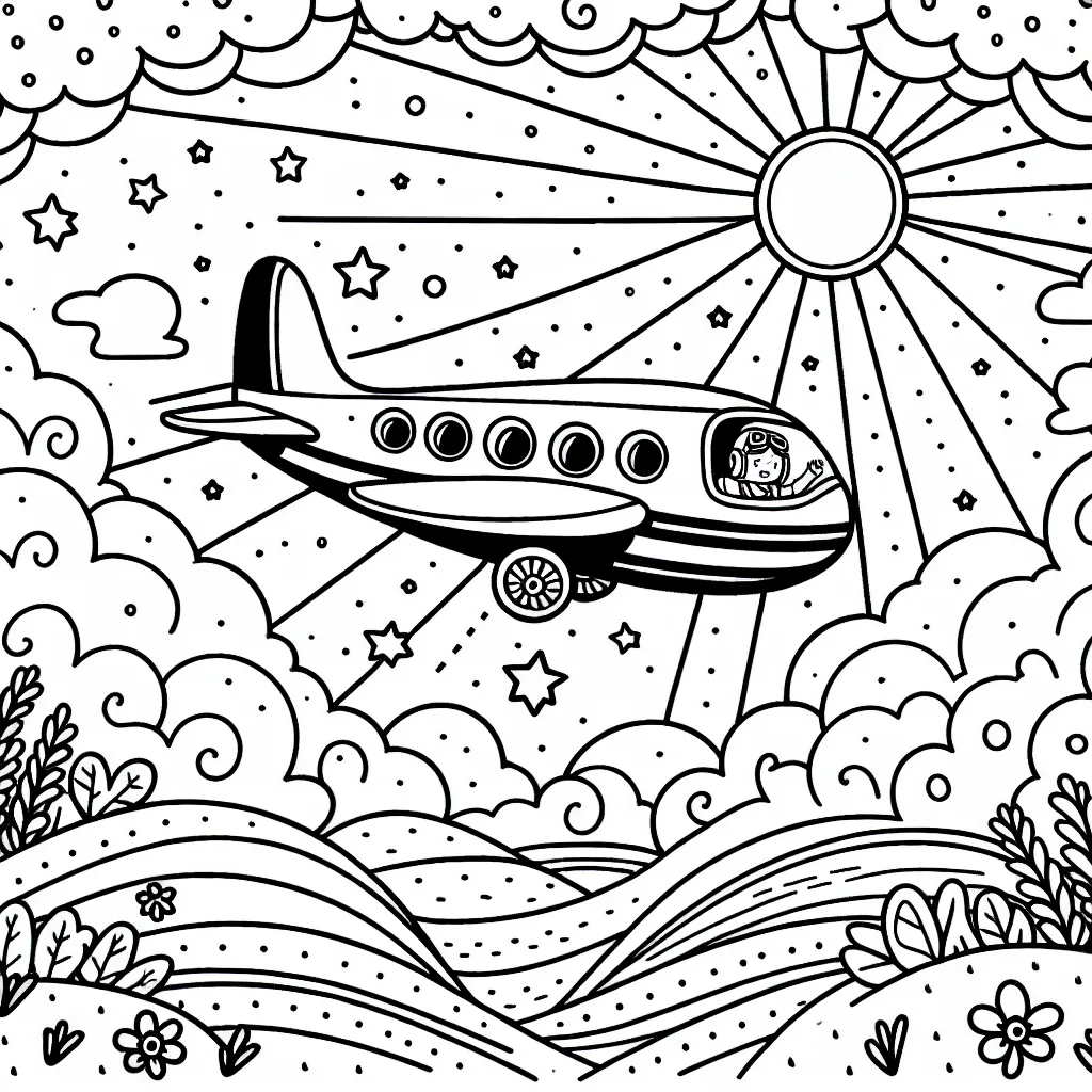 Le dessin dépeint un avion volant au milieu des nuages sous un soleil radieux. Le ciel est parsemé de belles étoiles. Dans l'avion, un pilote sourit à travers la fenêtre. Il y aussi des passagers qui regardent par les fenêtres. Sous l'avion, on peut voir des collines verdoyantes et une mer scintillante.