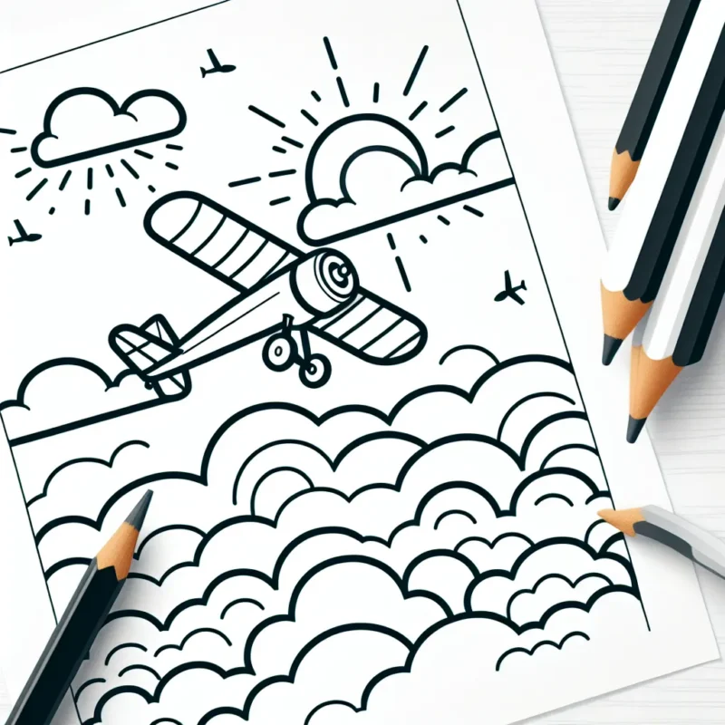 Vous tenez un crayon au-dessus d'une feuille blanche. Sur le papier, un dessin attend d'être colorié. C'est un dessin en contour noir d'un avion voltigeur accomplissant une boucle dans le ciel. Autour de lui, des nuages touffus et un soleil brillant attendent vos couleurs.