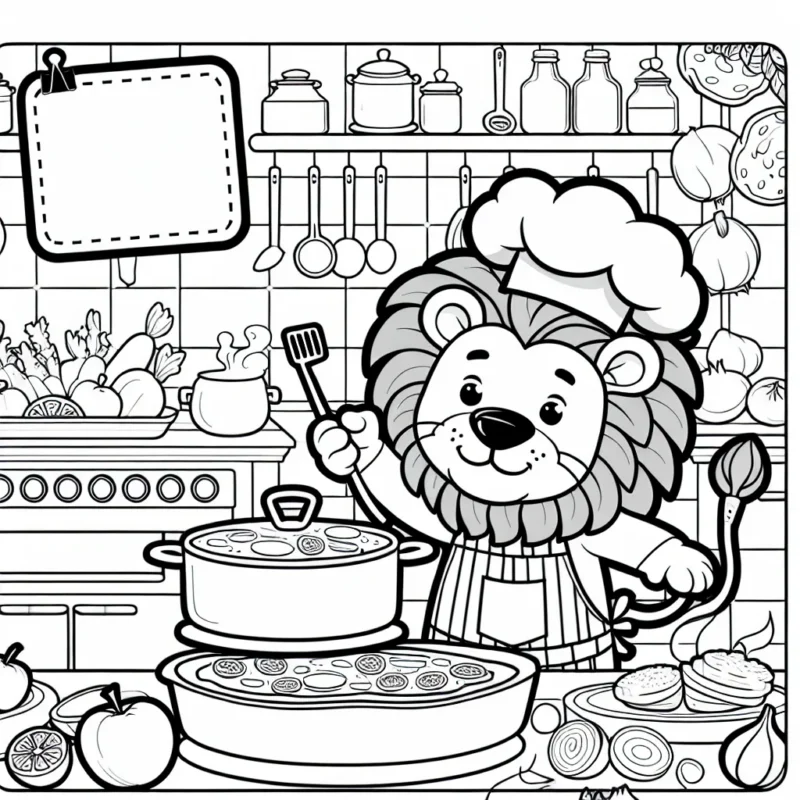 Un lion dessiné comme un chef cuisinier préparant un délicieux repas dans une cuisine animée