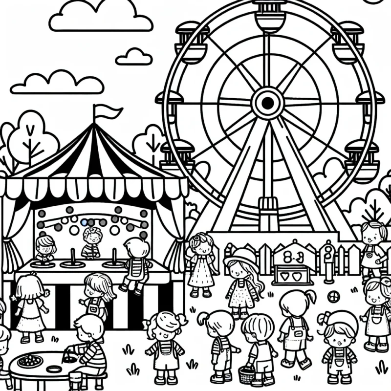 Image d'une fête foraine avec une grande roue, des stands de jeux et des enfants qui y jouent