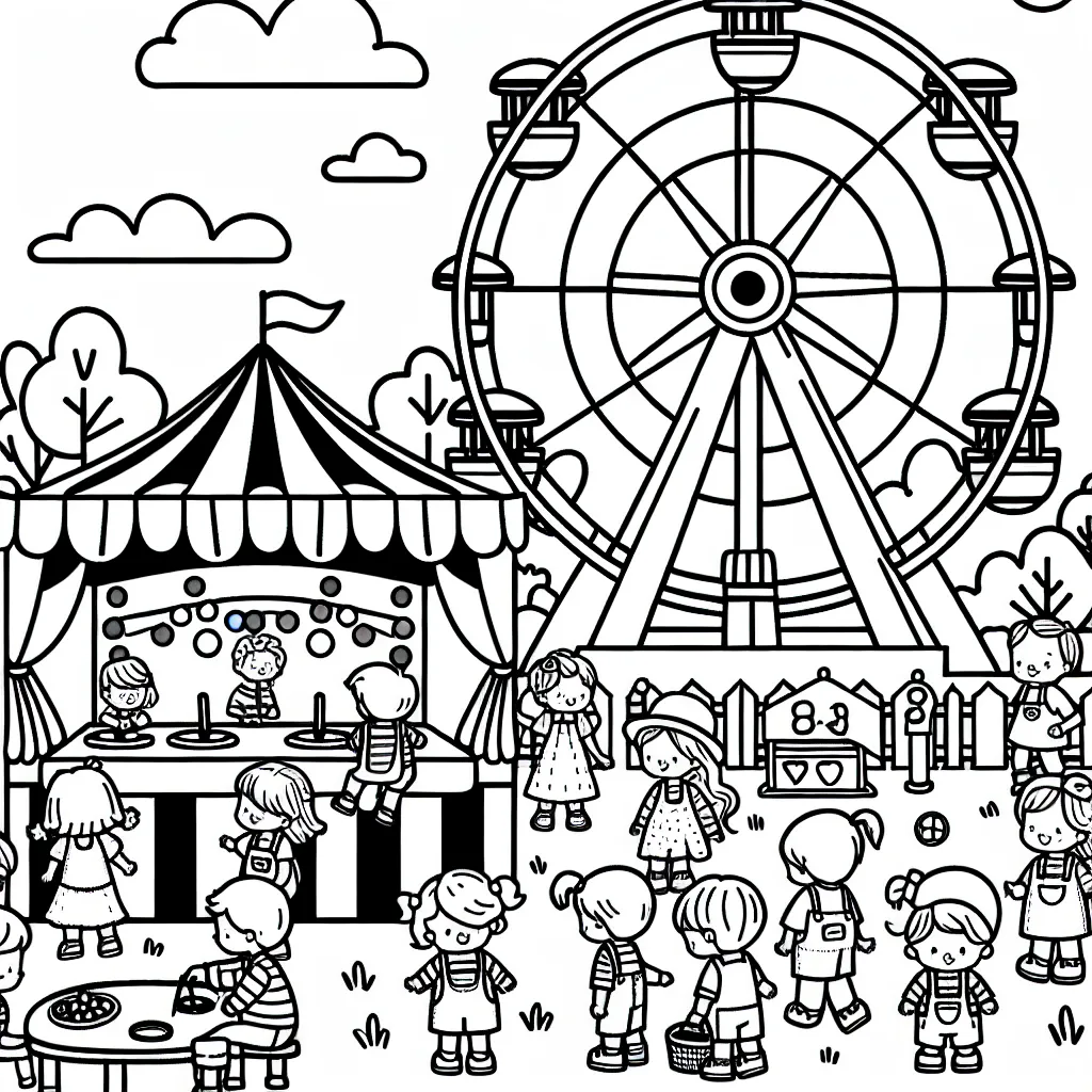 Image d'une fête foraine avec une grande roue, des stands de jeux et des enfants qui y jouent